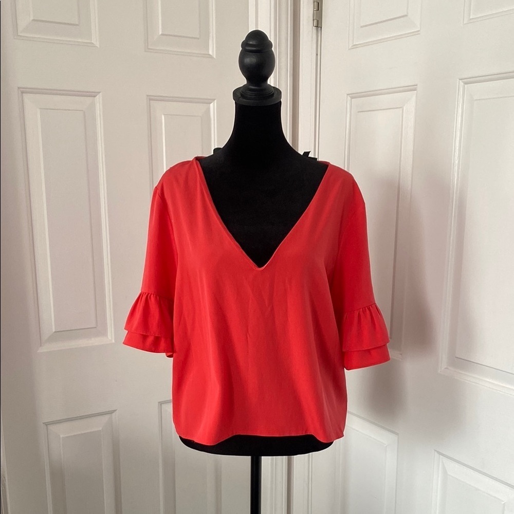 Top Shop Vibrant Red Blouse with Bell Sleeves and Ruffled Details